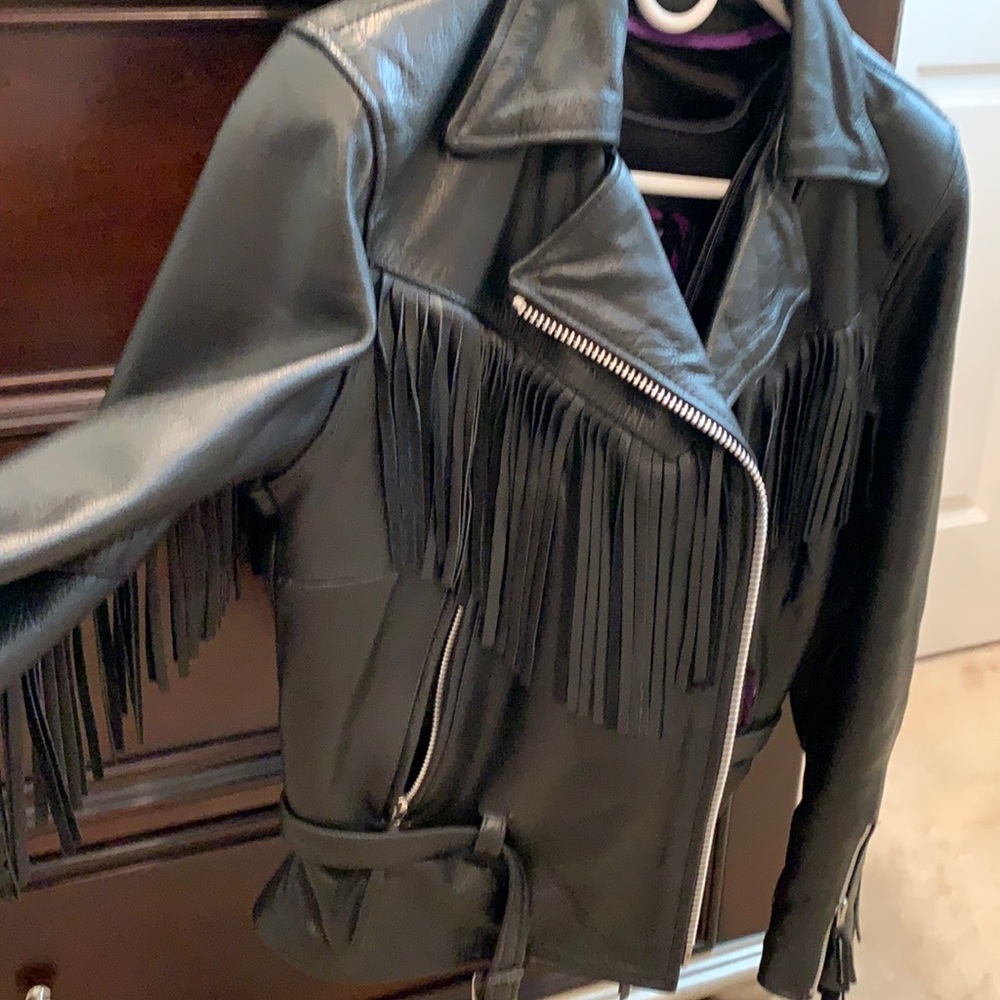 black ladies leather bike jacket purple accents